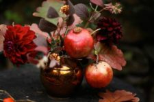 03 fall arrangement with dark dahlias, leaves and pomegranates