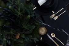 04 chic modern black tablescape with fir branches