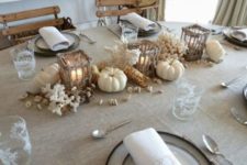 05 coastal tablescape with corals, white pumpkins and woven candle holders