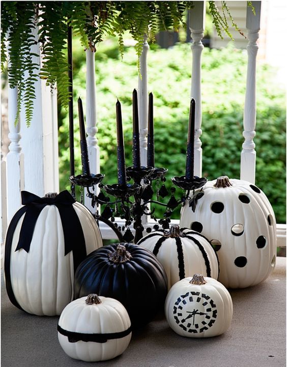 glam black and white pumpkins decorated without carving