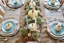 06 coastal Thanksgiving table decorated in cream, watery blue with pumpkins, hydrangeas and star fish