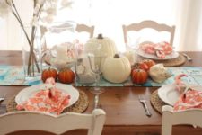 07 rustic seaside tablescape with coral printed napkins, shells and pumpkins