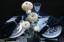 07 simple black and white table with greenery and faux pumpkins