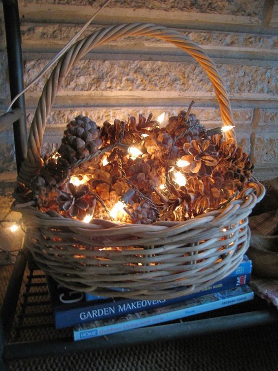 put pinecones in a basket and gently wrap white Christmas lights throughout