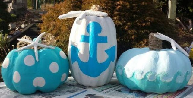 bold turquoise and blue pumpkins with various patterns