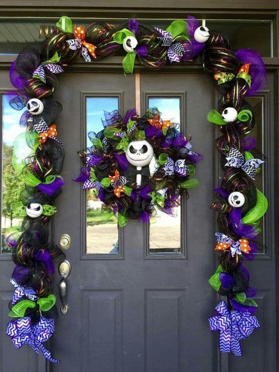 bold purple and green deor with white pumpkin faces