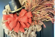 12 mesh burlap ribbon, faux herbs and a hat for a bold turkey wreath