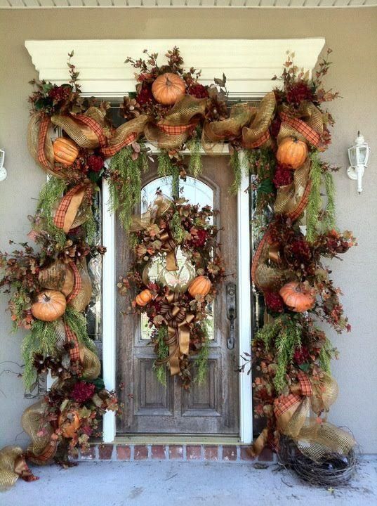 harvest front door decor with faux pumpkins, decor mesh, ribbon and burlap