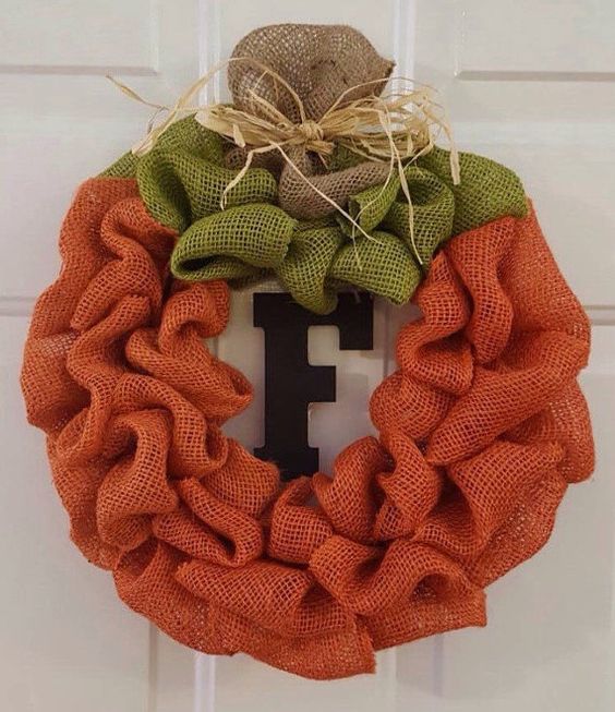 pumpkin wreath made of burlap mesh ribbon