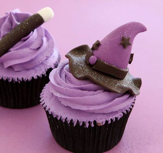 lavender cupcakes with witch hats