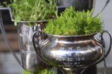 16 vintage trophies planted with moss