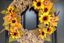 17 burlap wreath with sunflowers and feathers