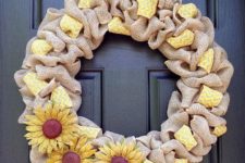 18 burlap and yellow mesh wreath with faux sunflowers