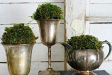 18 creative vintage silver containers filled with moss