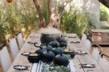 18 simplistic outdoor setting with black pumpkins and dishes