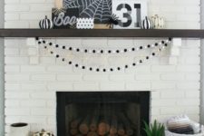 20 black and white mantel with printable art, pumpkins and spider web
