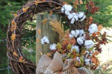 22 cotton wreath with faux leaves, herbs and a bow