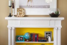 24 shelves inside a faux fireplace with books and decorations