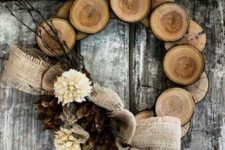 25 wood slices wreath with pinecones and burlap