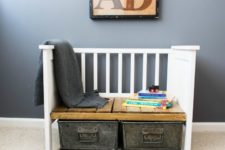 DIY kids’ bench with storage from an old crib