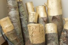 DIY gold painted logs for rustic home decor