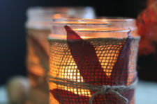DIY leaf burlap mason jar candle holders
