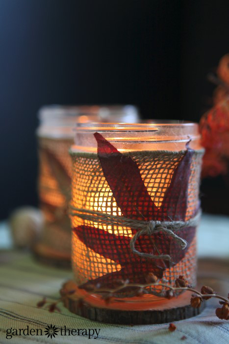 DIY leaf burlap mason jar candle holders