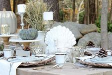 traditional table style with wheat, faux pumpkins, pinecones and a turkey