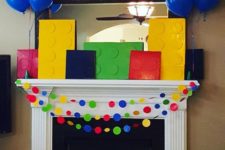 02 colorful fireplace decor with cardboard legos and garlands