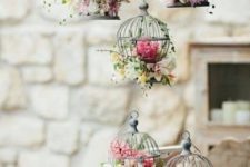 03 bird mini cages with flowers as centerpieces and hanging decor