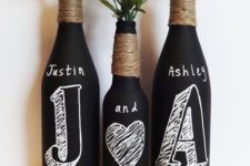 05 chalkboard paint wine bottles with chalk monograms and yarn wrapped