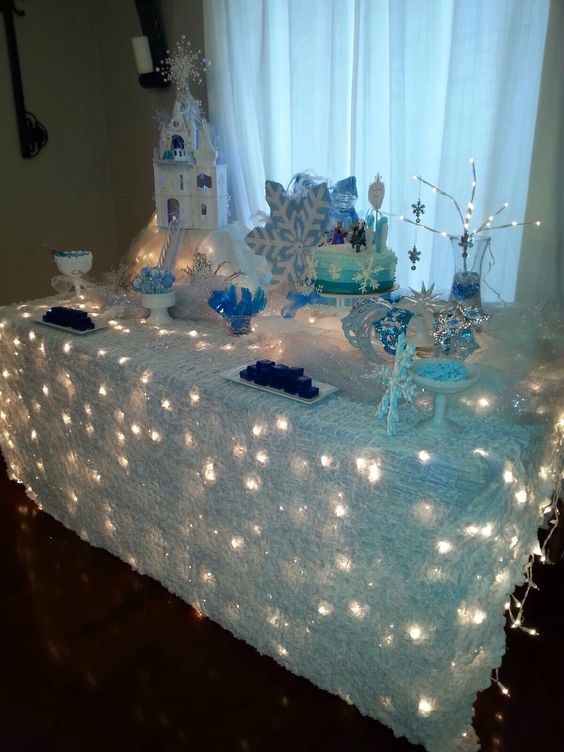 lit Frozen birthday dessert table for a winter party