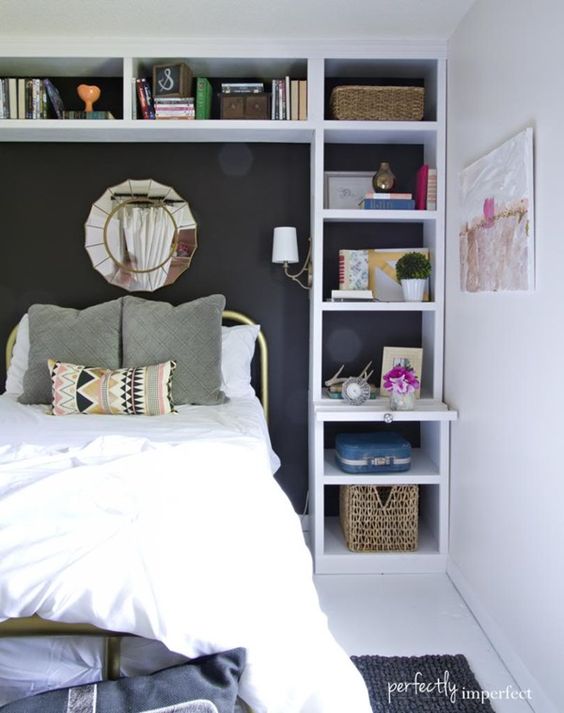 open shelving all around the bed