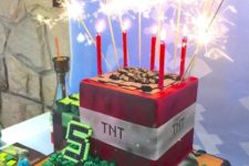 12 cake with sparkler candles from a Minecraft birthday party