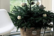 a Scandinavian Christmas tree in a basket, with black and white ornaments is a lovely idea for any Scandi space