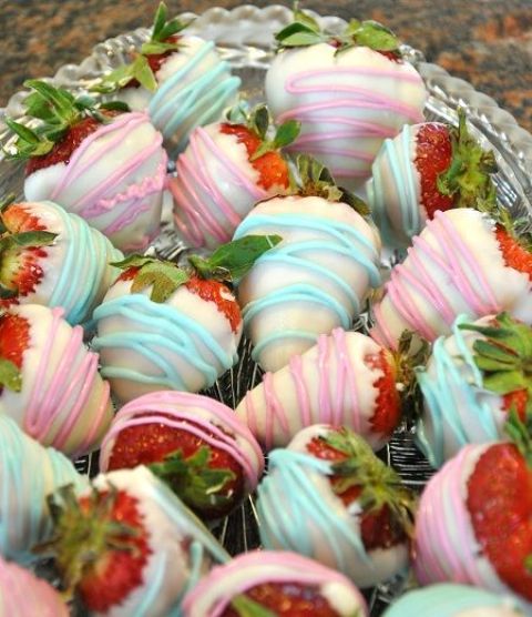 white chocolate strawberries with blue and pink