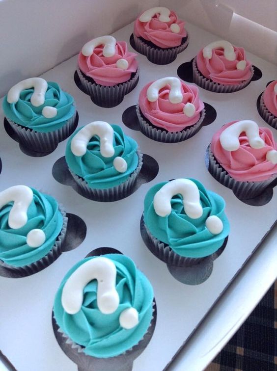 gender reveal cupcakes with question marks