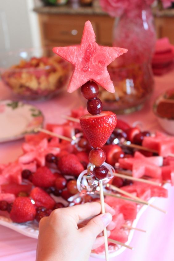 grapes, strawberries and a watermelon star skewers