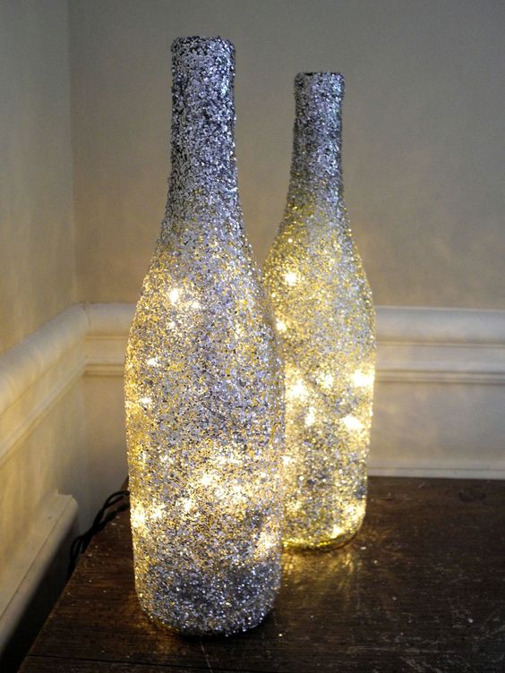 glitter lighted wine bottles