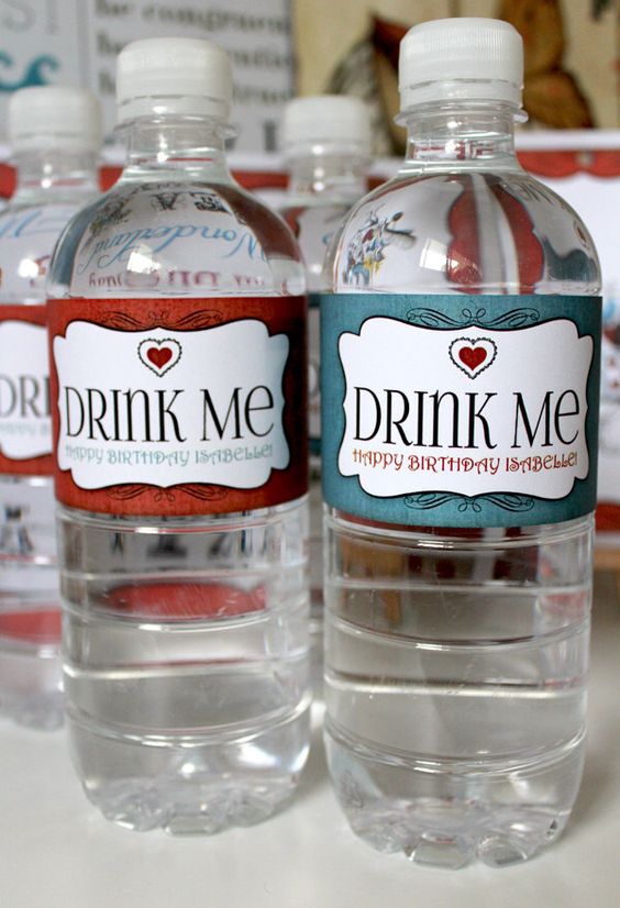 label usual water bottles in Alice in Wonderland style