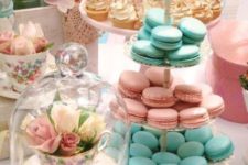 30 vintage tea cups and stands for displaying, pastel desserts
