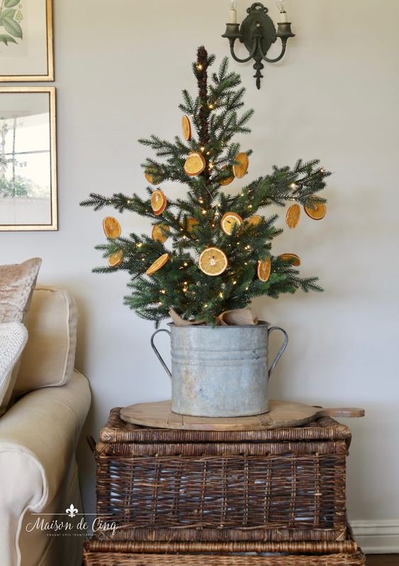 a small Christmas tree in a galvanized pot, with citrus and lights is a cool idea for a rustic space