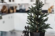a tabletop Christmas tree in a black planter is a cool and catchy decor idea for a modern space
