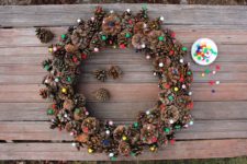 DIY pinecone wreath with pompoms
