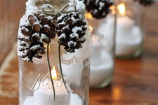 DIY snowy pinecone mason jars