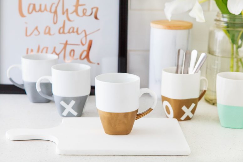 DIY gold satin paint mugs as gifts (via www.thewhimsicalwife.com)