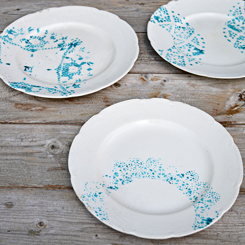 DIY subtle blue doily plates