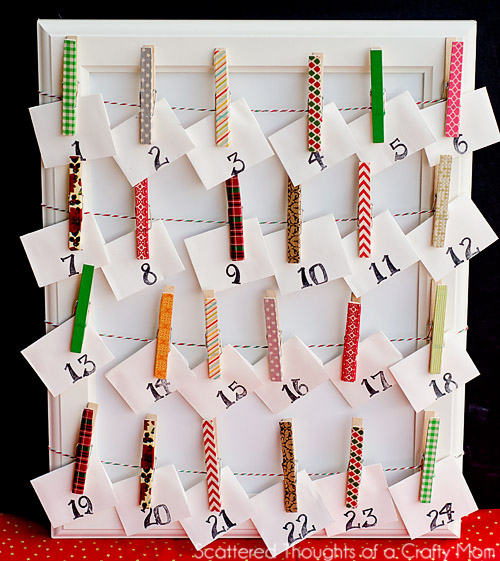 DIY washi tape and clothes pins advent calendar (via www.scatteredthoughtsofacraftymom.com)