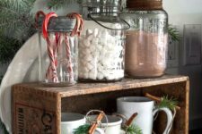 02 homemade hot cocoa station with jars and a crate