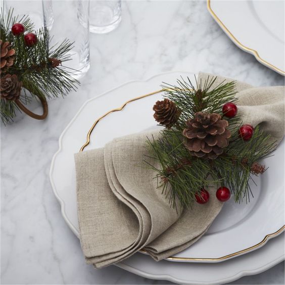 fir branches, berries and pinecones napkin rings